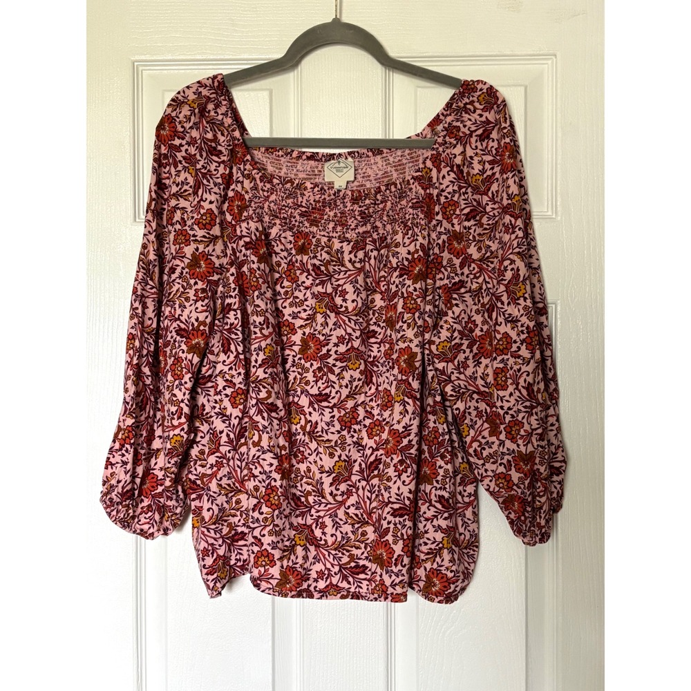 St Johns Bay Floral Smocked Square Neck Blouse Pink Orange 0X Plus Size